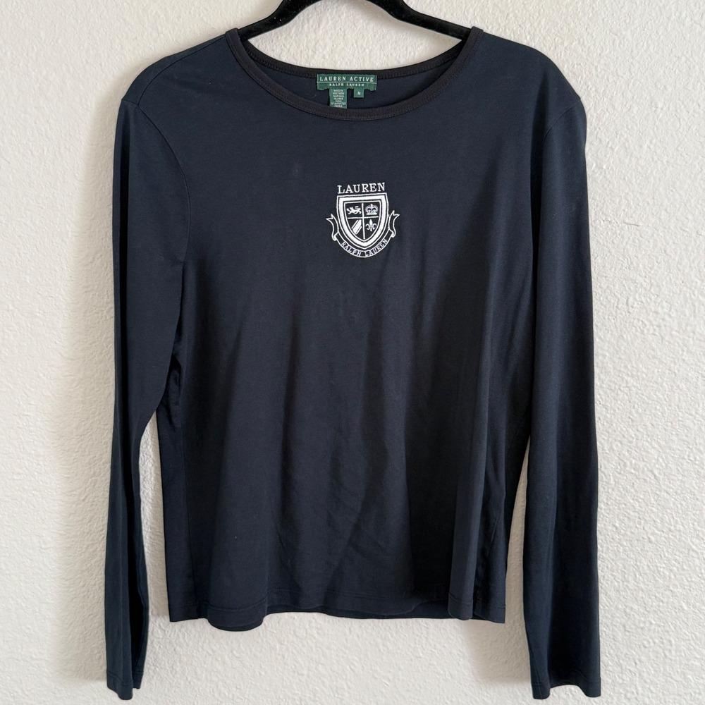 Lauren Ralph Lauren Womens Medium Black Crest Embroidered Shirt Preppy Old Money